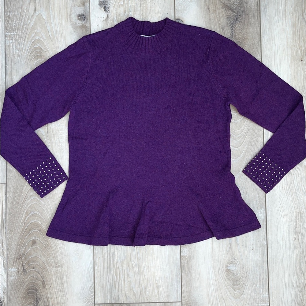 Autumn Cashmere Kids Peplum Sweater Studded Cuffs Merino Wool Purple Size 16 NEW
